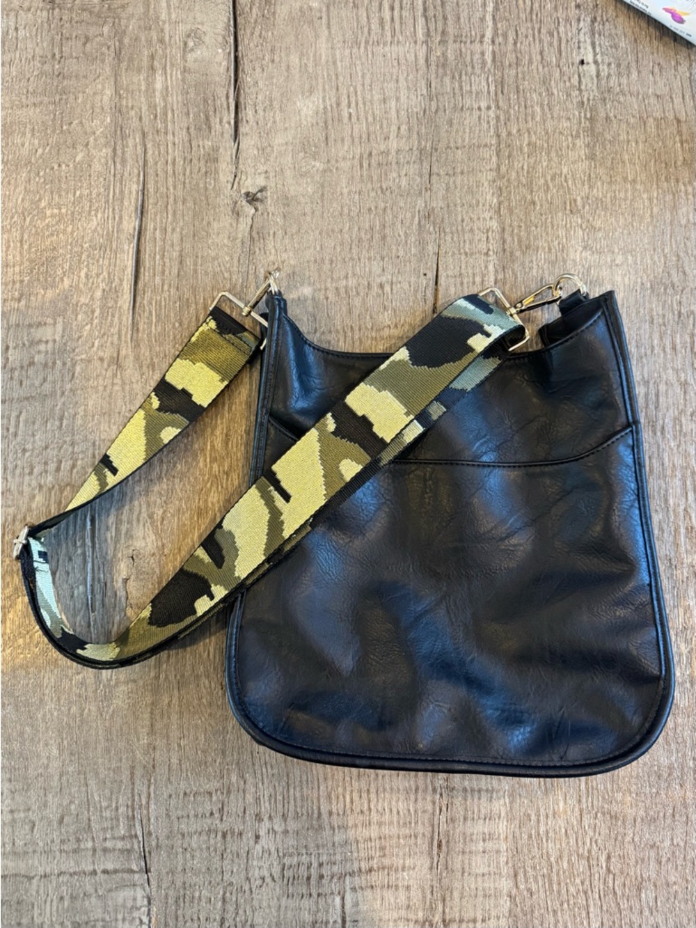 Ah Dorned Black Vegan Leather Crossbody Bag with Camouflage Strap